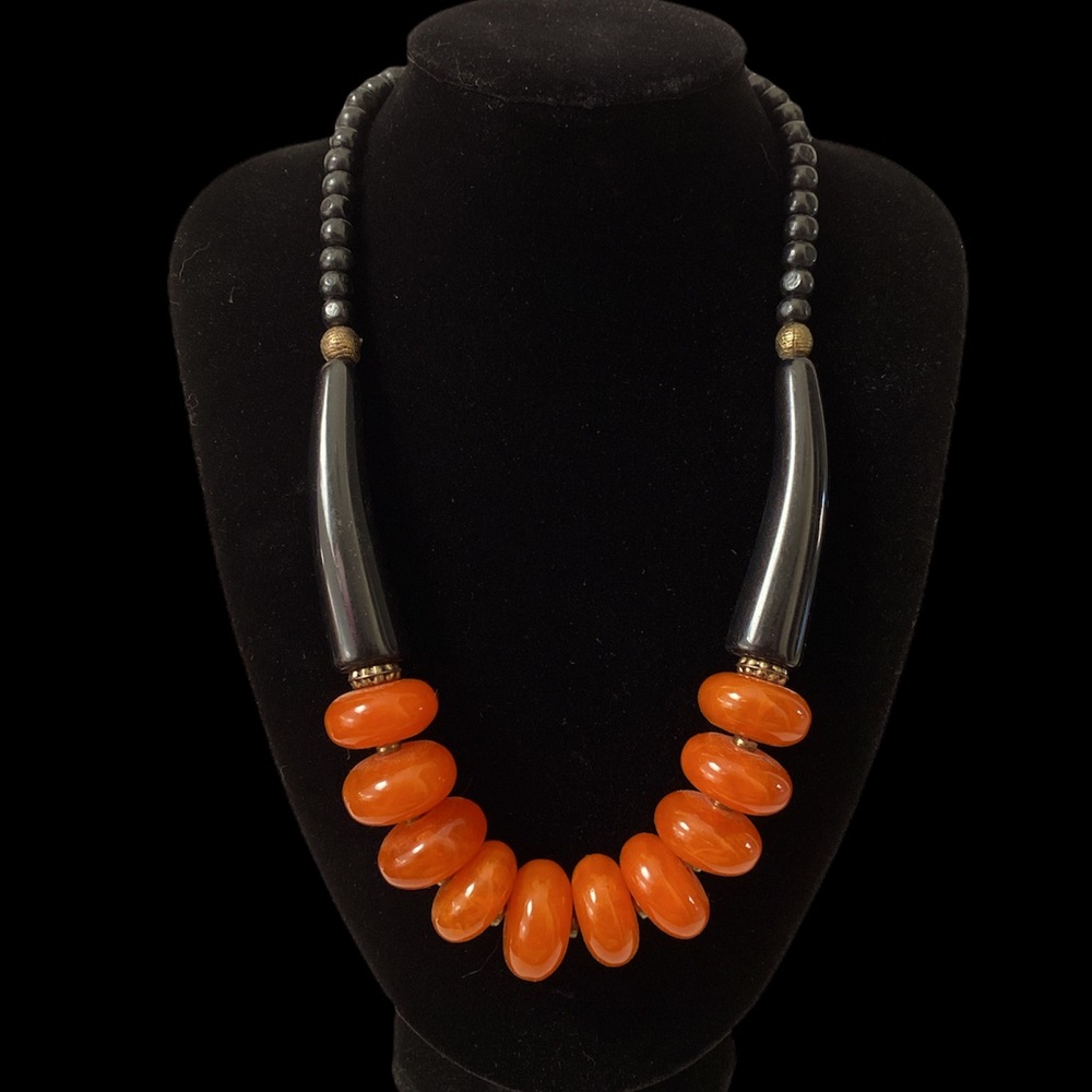 Beautiful Onyx And Orange Statement Necklace Nwot - image 1